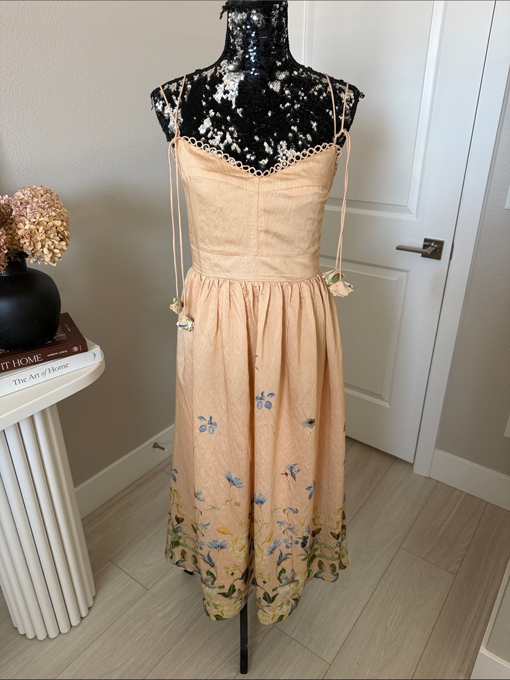 En Saison Blush Peach Floral Midi Dress with Spaghetti Straps - Picture 3 of 10